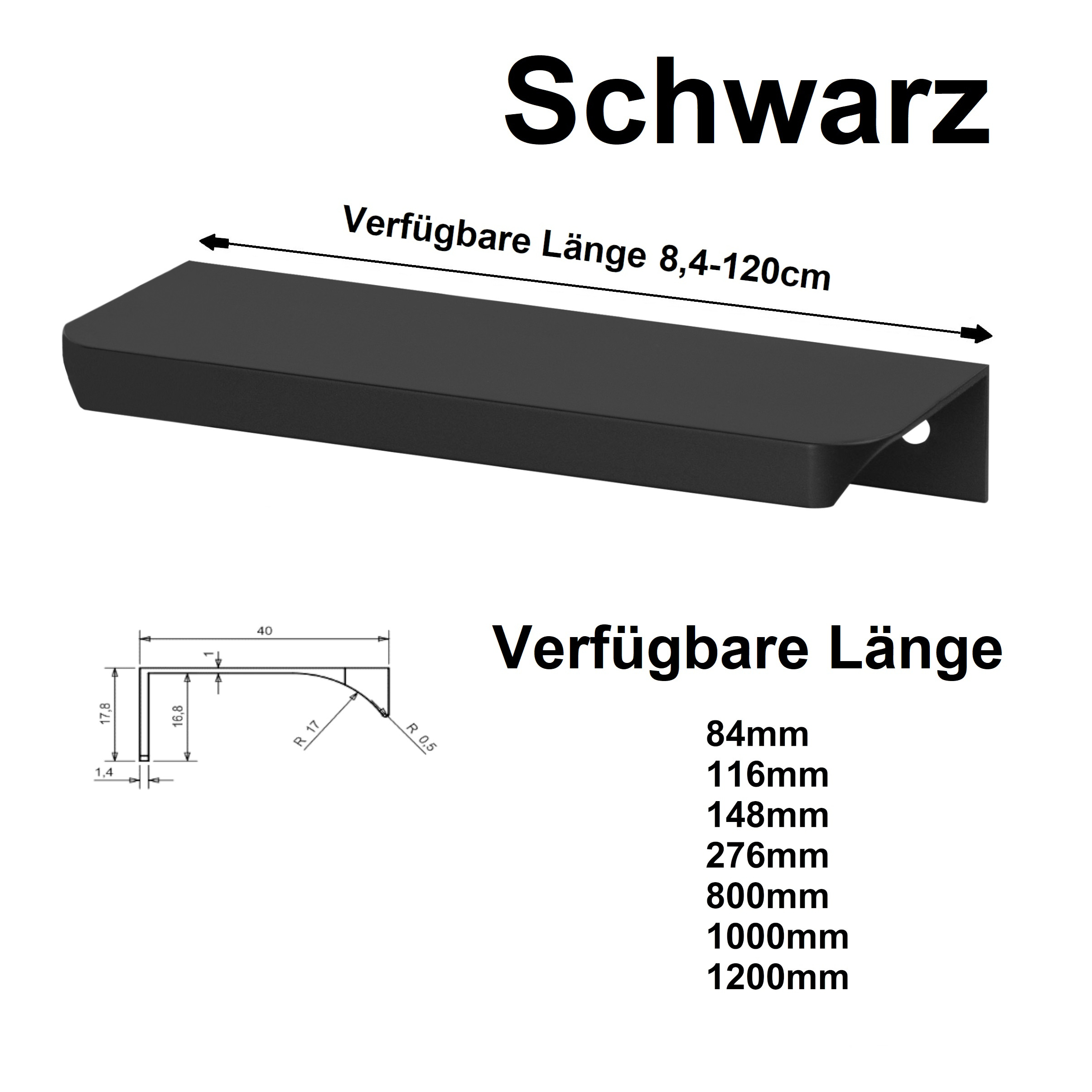 Möbelgriff Griffleiste Profilgriff Küchengriff Griffprofil viele Größen  UA06R 116-1200mm Black Matt –