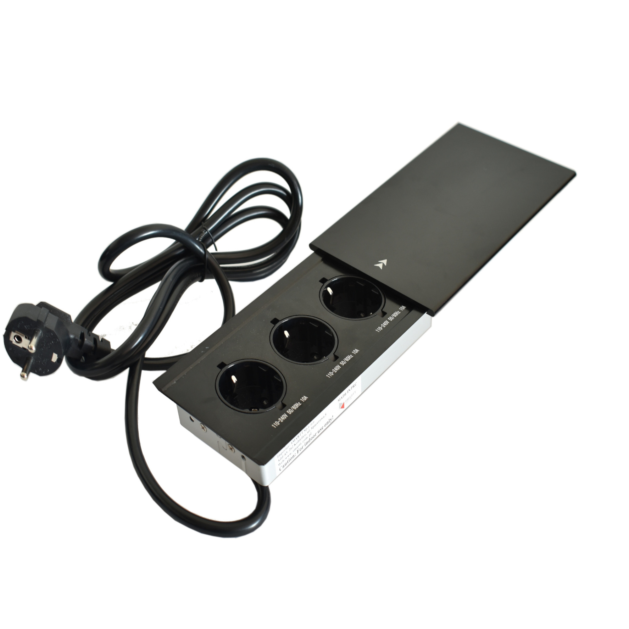 Einbausteckdose mit Schiebedeckel Schwarz – 3x Schuko 250V