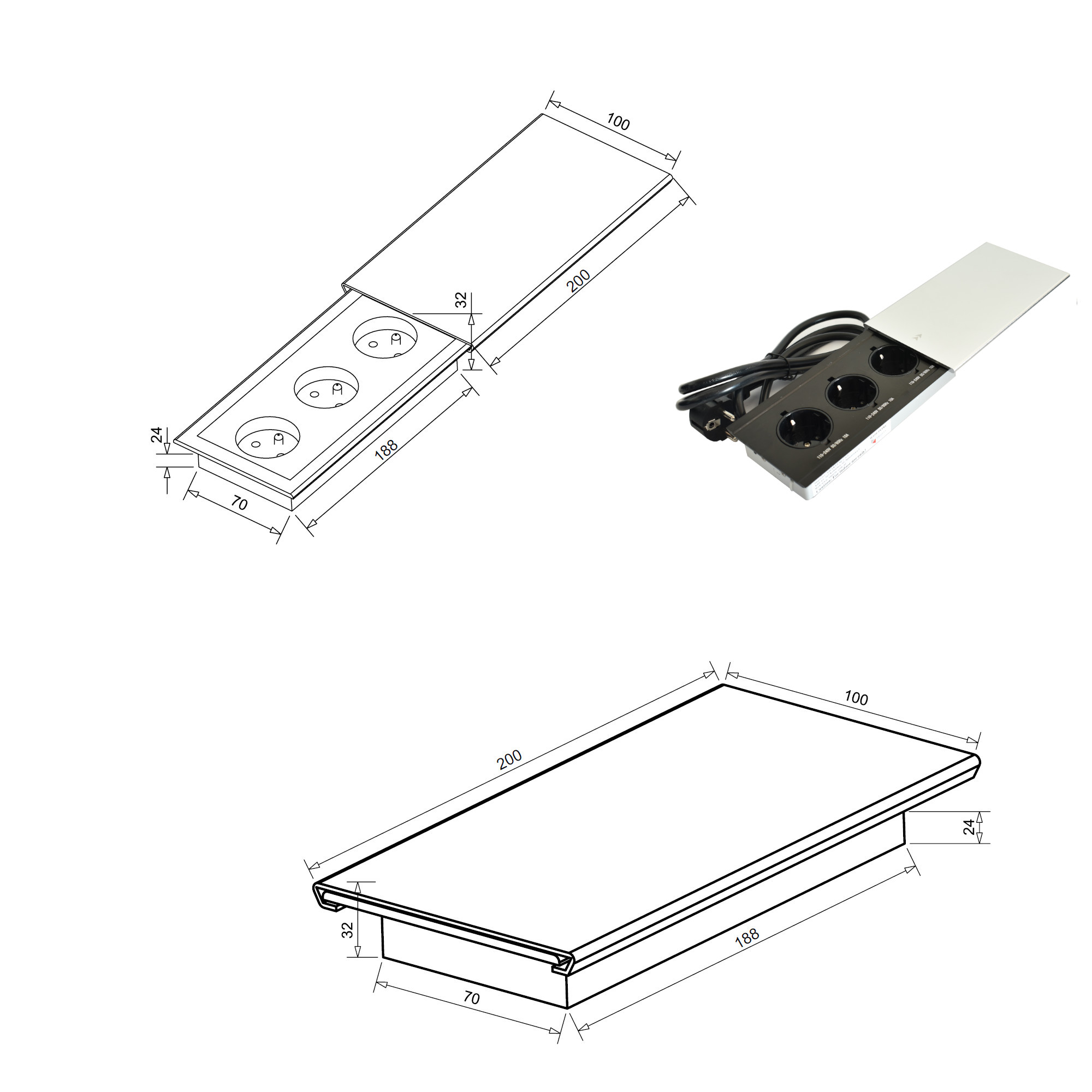 Einbaumaße Einbausteckdose mit Schiebedeckel Schwarz