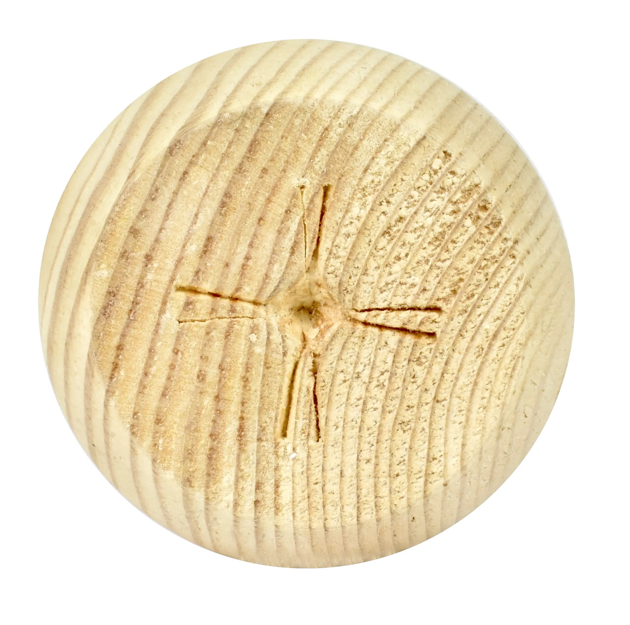 Detailansicht des runden Möbelfußes aus Kiefernholz mit natürlicher Holzmaserung