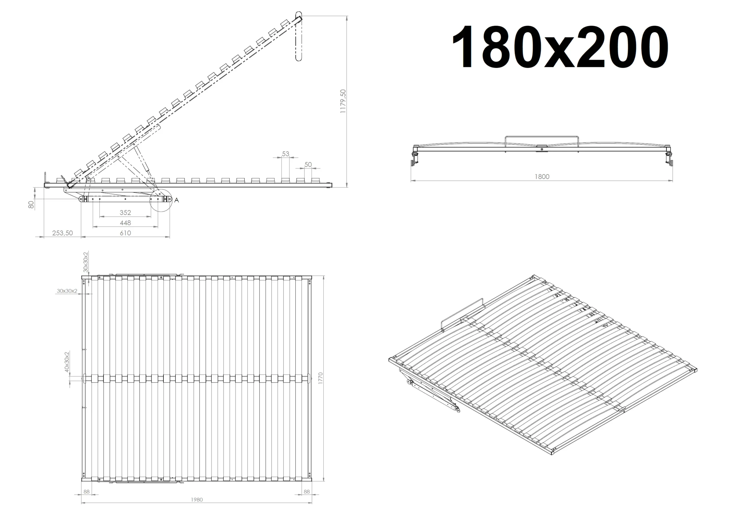 Montageschema Lattenrost 180x200 cm mit Springaufbeschlag