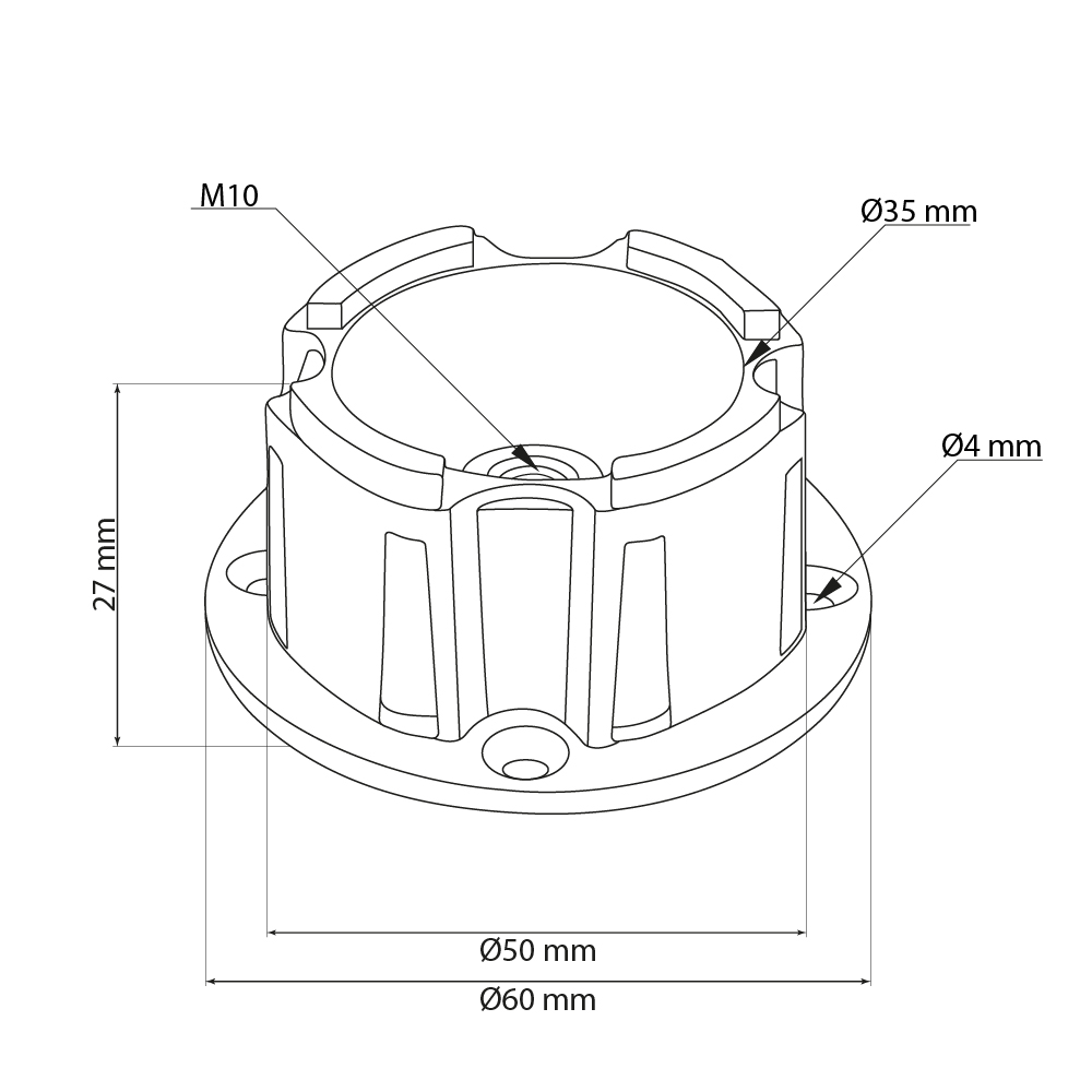Technische Zeichnung Montagekopf Adapter Bettfüße Möbelfuß