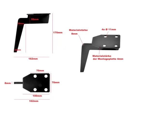 Technische Zeichnung des Möbelfußes 17 cm aus Metall mit Winkel und Maßen