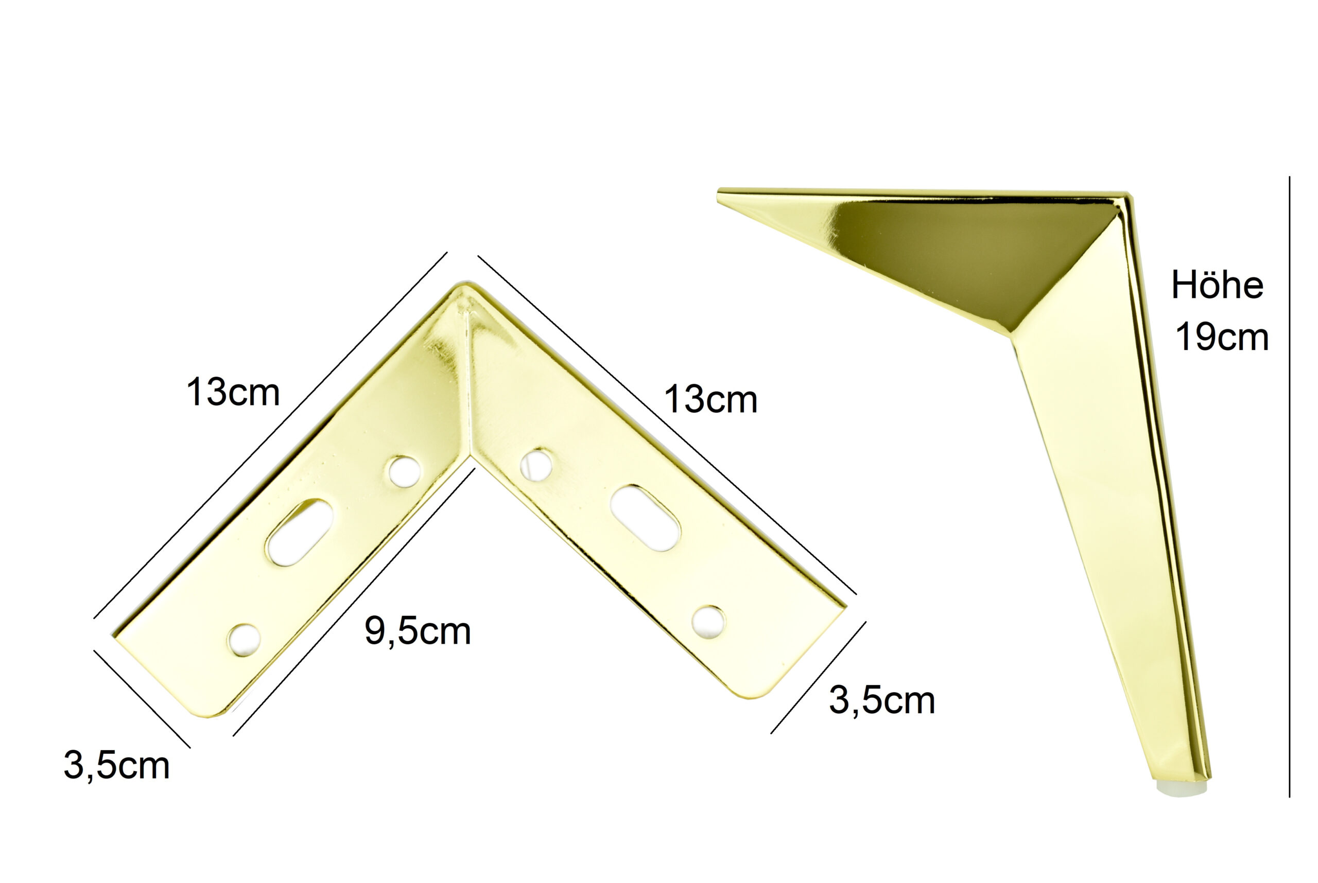 Technische Zeichnung Möbelfuß 19 cm Gold mit Maßangaben und Lochabständen