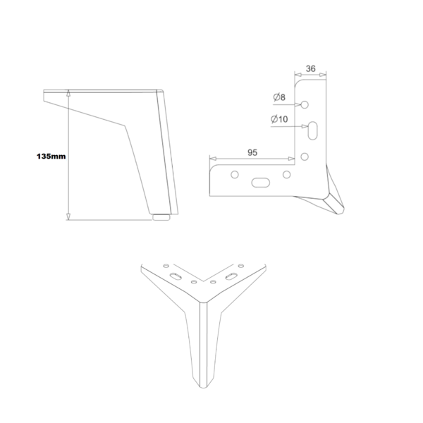 Technische Zeichnung Möbelfuß gold 135 mm