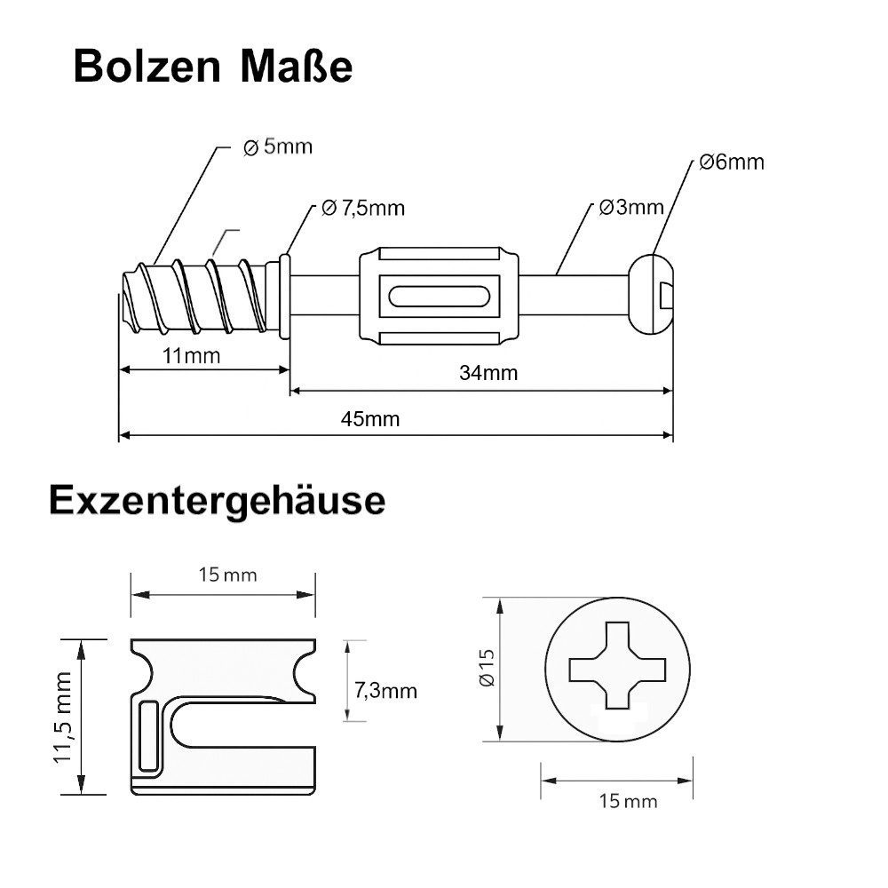 Korpusverbinder Bolzen 45 mm mit Außengewinde 6 mm