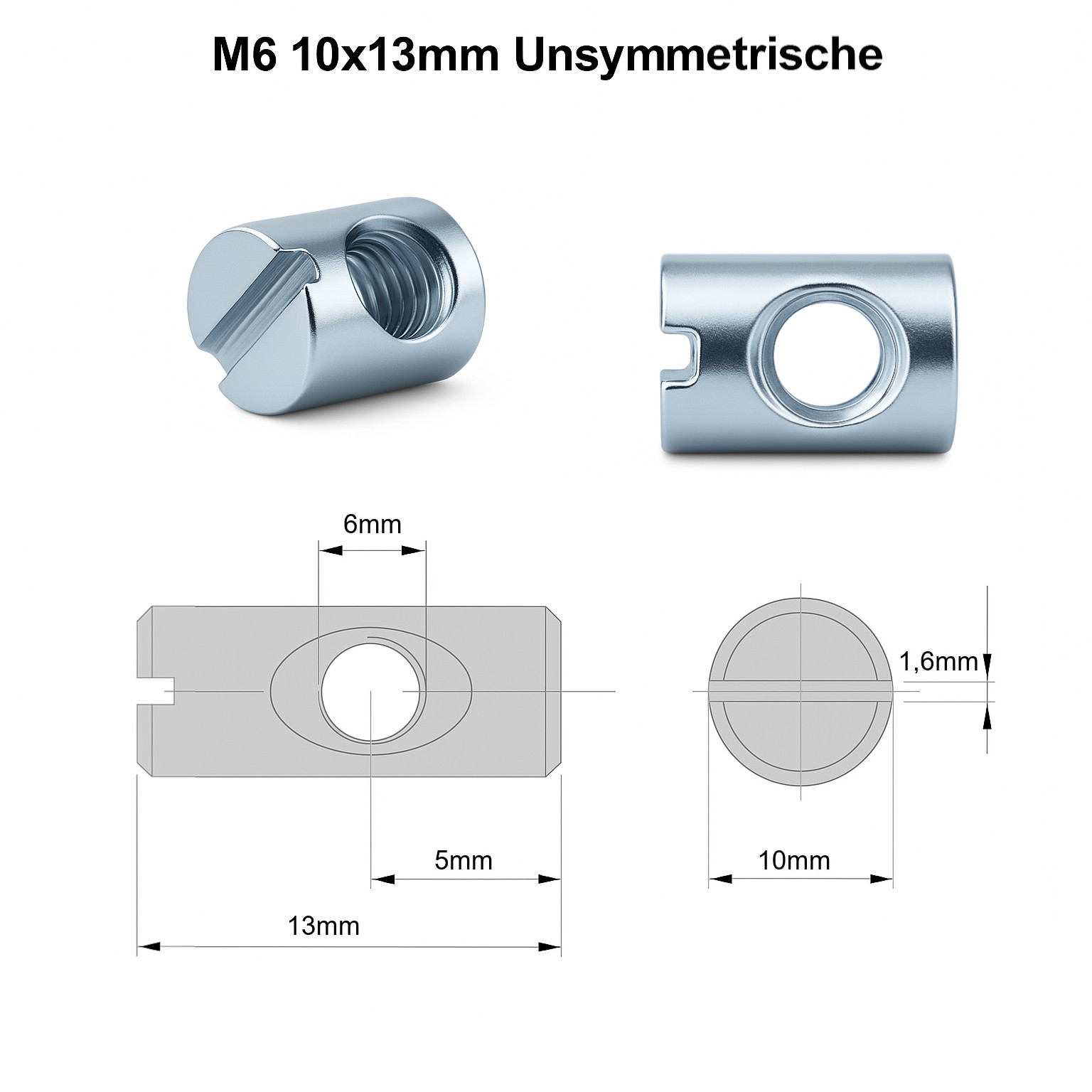 Technische Zeichnung Quermutter M6 10x13 mm unsymmetrisch