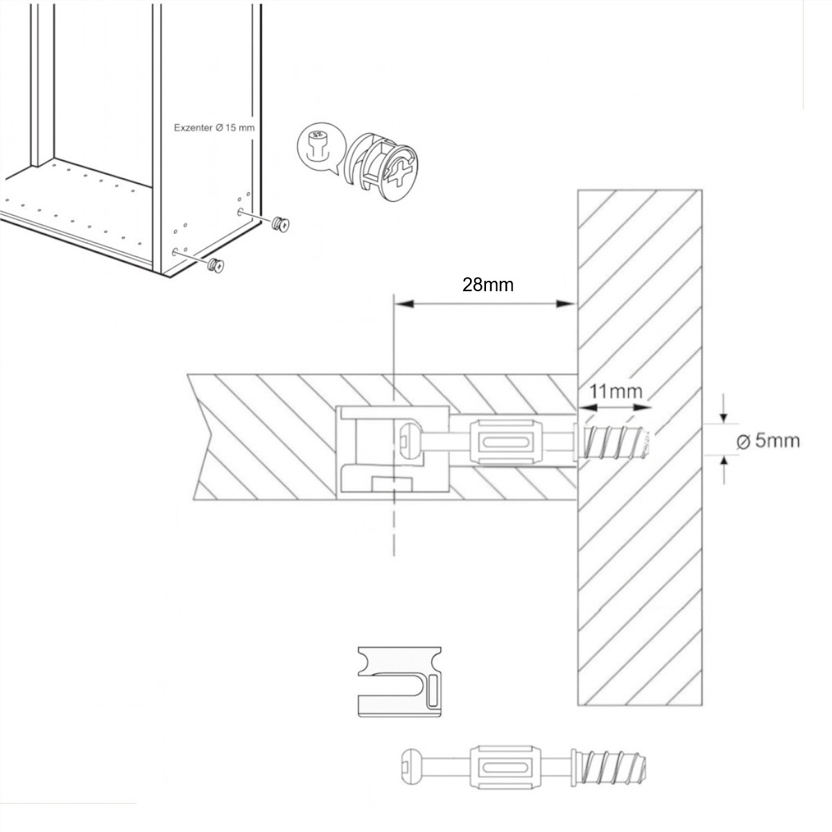Montagebeispiel Korpusverbinder Exzenter 15 mm mit Einschraubdübel 6x11 mm – Anwendung im Möbelbau