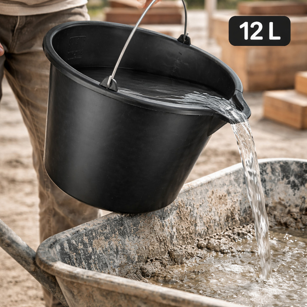 Schwarzer Baueimer mit Ausguss, Innen-Skala und Metallbügel