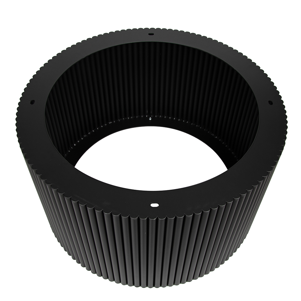 Top-Down-Ansicht des großen Tischgestells aus mattschwarzem Metall, Durchmesser 60 cm, Höhe 33,5 cm, mit eleganter geriffelter Textur