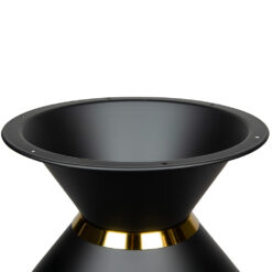 Schwarzes, mattes Metall-Tischgestell in der Größe Small, mit einem zeitlosen Design und einem goldenen Zier-Ring. Robust und vielseitig einsetzbar, ideal für runde Tischplatten. Mit Anti-Rutsch-Gummifüßen zum Schutz des Bodens.