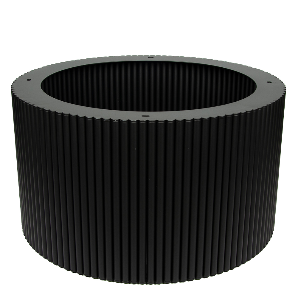 Mattschwarzes Metall-Tischgestell mit geriffelter Oberfläche in der Größe Big, Durchmesser 60 cm, Höhe 33,5 cm. Robust und stilvoll, perfekt als Basis für individuelle Tischplatten.