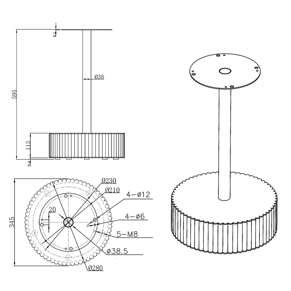 "Abmessungen Metall Tischgestell Rund Schwarz mit Riffelstruktur SMALL"