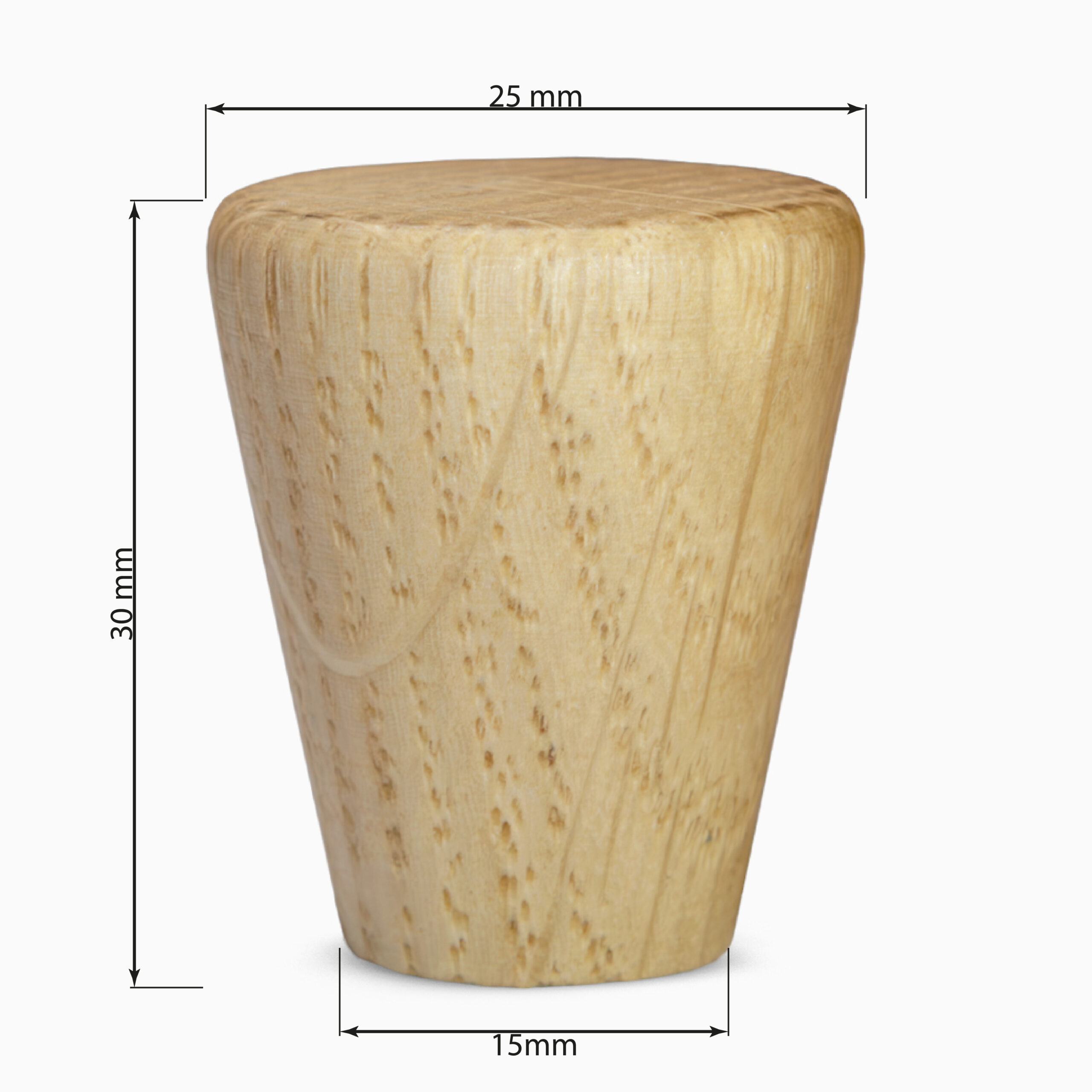Nahaufnahme eines eleganten Möbelknopfs aus rohem Eichenholz mit minimalistischer Ästhetik.