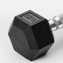 Gummierte Hexagon-Kurzhantel mit strukturierter Griffzone für optimalen Halt.