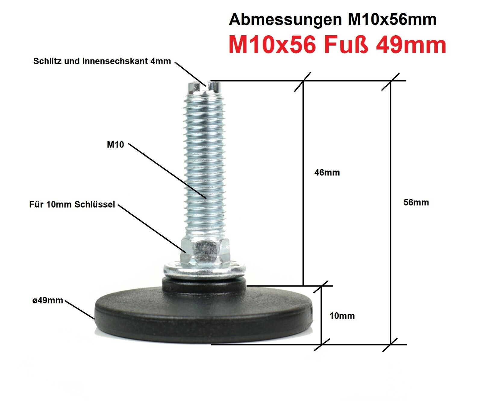 Set aus 4 höhenverstellbaren Stellfüßen M10×56 mm (Fuß-Ø 49 mm, Gesamthöhe 55 mm) aus verzinktem Stahl mit Kunststoffgleitscheibe, inkl. 4 Einschlagmuffen M10×17 mm.