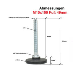Set aus 4 höhenverstellbaren Stellfüßen M10×100 mm (Fuß-Ø 49 mm, Gesamthöhe 100 mm) aus verzinktem Stahl mit Kunststoffgleitscheibe, inkl. 4 Einschlagmuffen M10×17 mm.