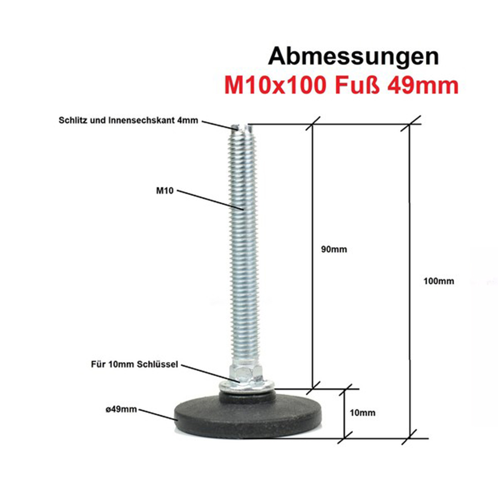 Set aus 4 höhenverstellbaren Stellfüßen M10×100 mm (Fuß-Ø 49 mm, Gesamthöhe 100 mm) aus verzinktem Stahl mit Kunststoffgleitscheibe, inkl. 4 Einschlagmuffen M10×17 mm.