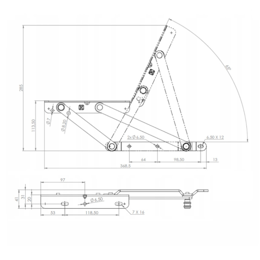 Maßzeichnung Springaufbeschlag 300N für Bettkästen