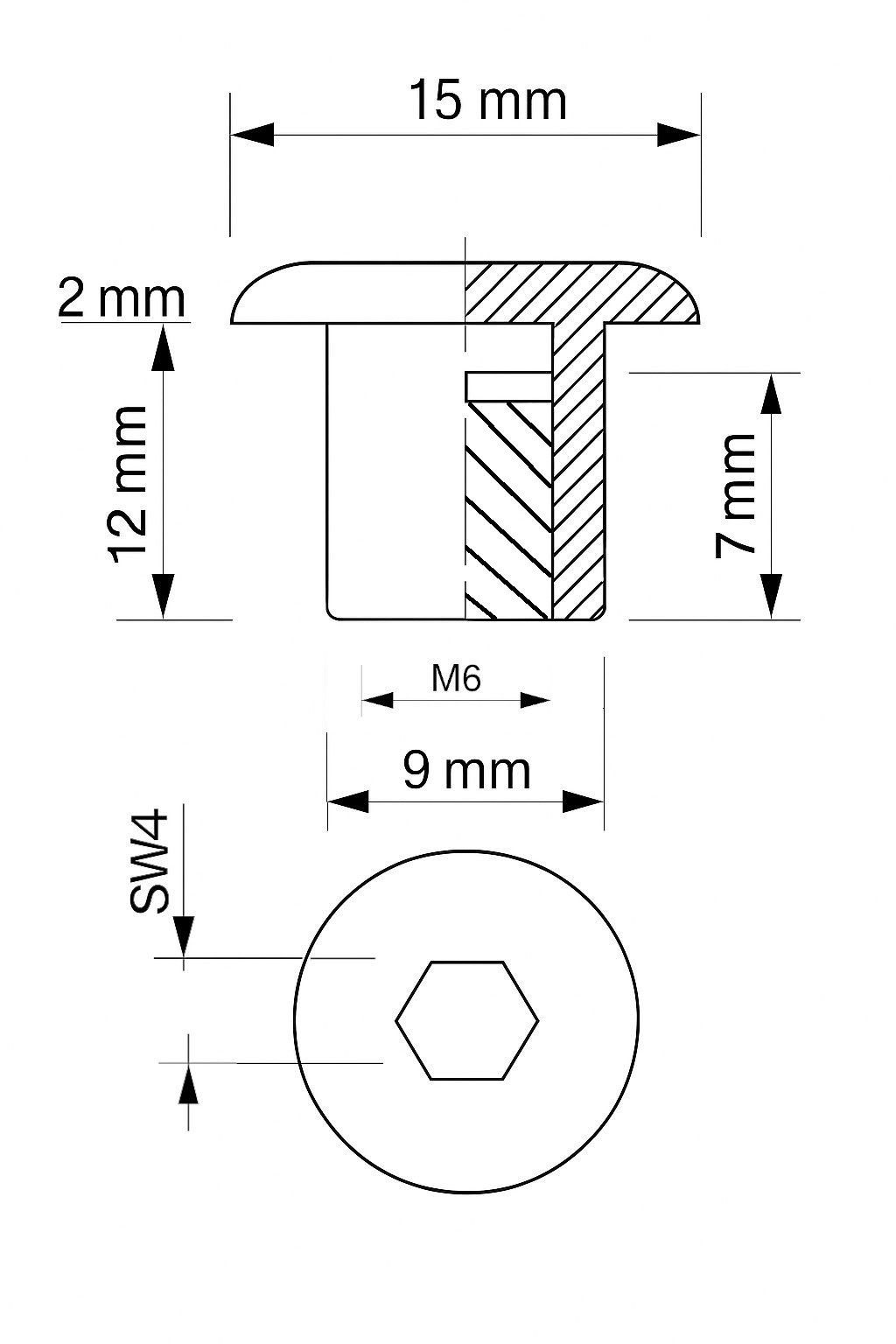 Maße der Hülsenmutter M6 x 12 mm