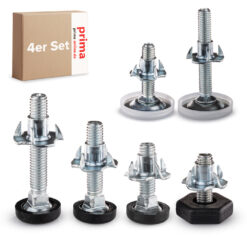 4er-Set Stellfüße M8 in verschiedenen Varianten mit Metallgewinde und wahlweise transparentem oder schwarzem Fuß