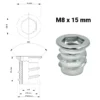 Einschraubmuffe mit M8 Innengewinde, Außendurchmesser 14 mm, Länge 15 mm, mit Sechskantaufnahme, Maßangaben sichtba