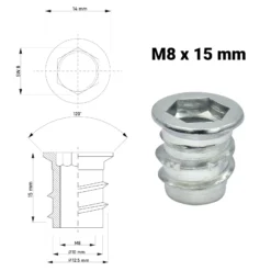 Einschraubmuffe mit M8 Innengewinde, Außendurchmesser 14 mm, Länge 15 mm, mit Sechskantaufnahme, Maßangaben sichtba