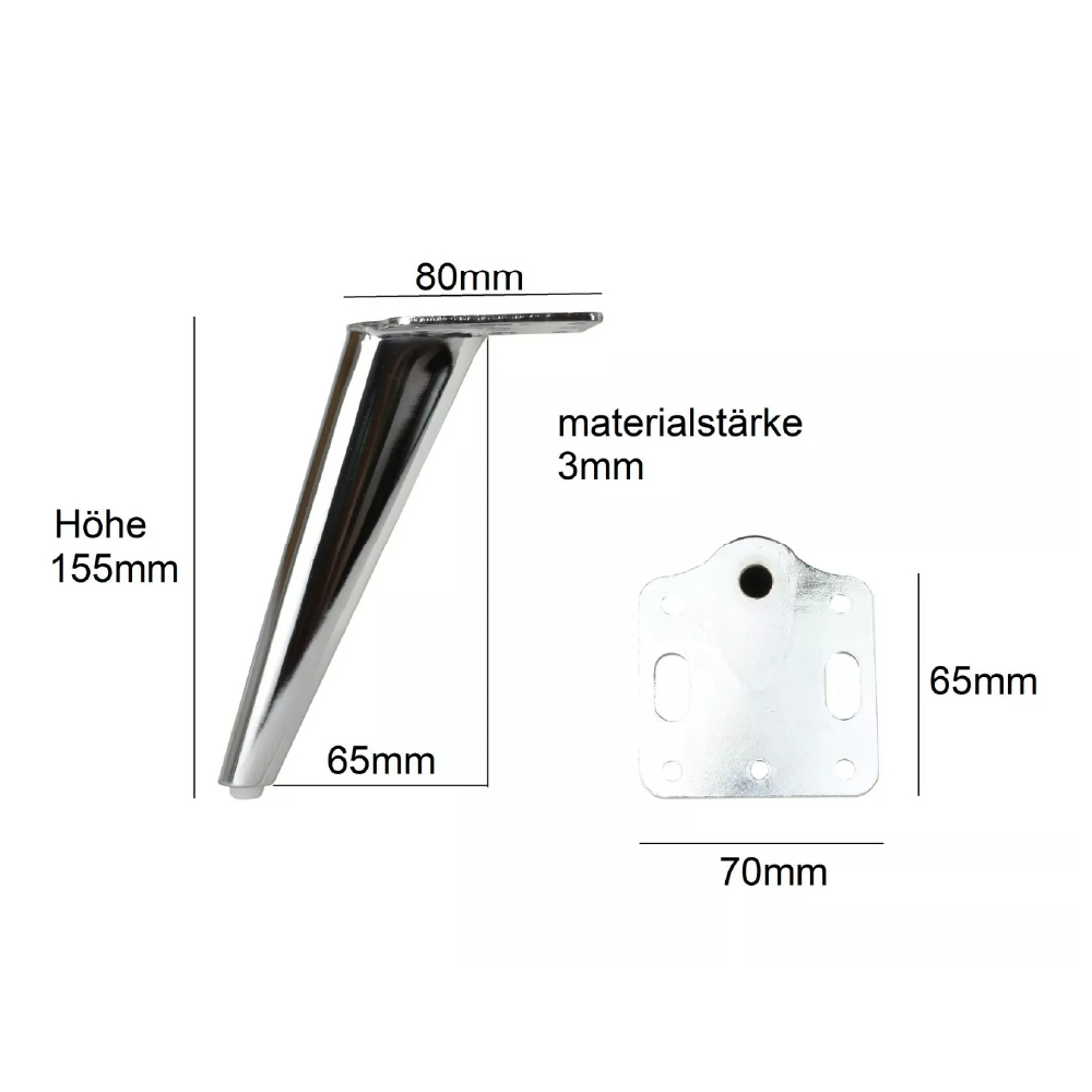Grafische Darstellung eines verchromten Möbelfußes mit Maßen: Höhe 155 mm, Tiefe 65 mm, obere Platte 80 mm, Plattenabmessung 70 × 65 mm, Materialstärke 3 mm.