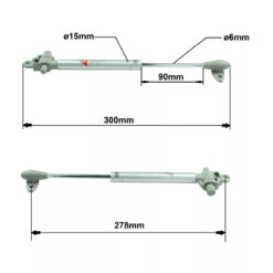 Zwei Gasdruck-Dämpfer mit Montagematerial: Kunststoffhalterungen, Buchsen und fünf Schrauben.