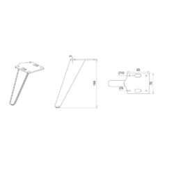 Technische Zeichnung eines konischen Möbelfußes in drei Ansichten: links perspektivische Darstellung, Mitte Seitenansicht mit Bemaßungen (Höhe 155 mm, Plattenstärke 3 mm) und rechts Draufsicht der quadratischen Befestigungsplatte (70 × 65 mm) mit Bohrungen Ø10 mm und Ø5 mm.
