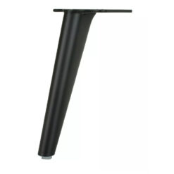 Schwarzer Möbelfuß mit kegelförmigem Schaft und quadratischer Befestigungsplatte in leichter Front–Seitenansicht vor weißem Hintergrund, weiße Kunststoffkappe am Boden sichtbar.