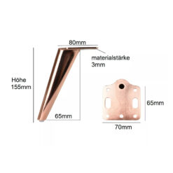 Technische Zeichnung eines kupferfarbenen Möbelfußes mit Beschriftung: Höhe 155 mm, Tiefe 65 mm, obere Platte 80 mm, Plattenabmessung 70 × 65 mm, Materialstärke 3 mm.