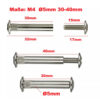 „Maßaufnahme eines M4 Möbelverbinders: links eine Hülse, rechts die Schraube, beide mit roten Maßlinien (30 mm, 32 mm, 40 mm, 15 mm, 17 mm) und Beschriftung Ø 5 mm, Schraubbereich 30–40 mm.