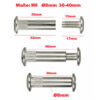 Maßaufnahme eines M6 Möbelverbinders: links eine Hülse, rechts die Schraube, beide mit roten Maßlinien (30 mm, 32 mm, 40 mm, 15 mm, 17 mm) und Beschriftung Ø 8 mm, Schraubbereich 30–40 mm.