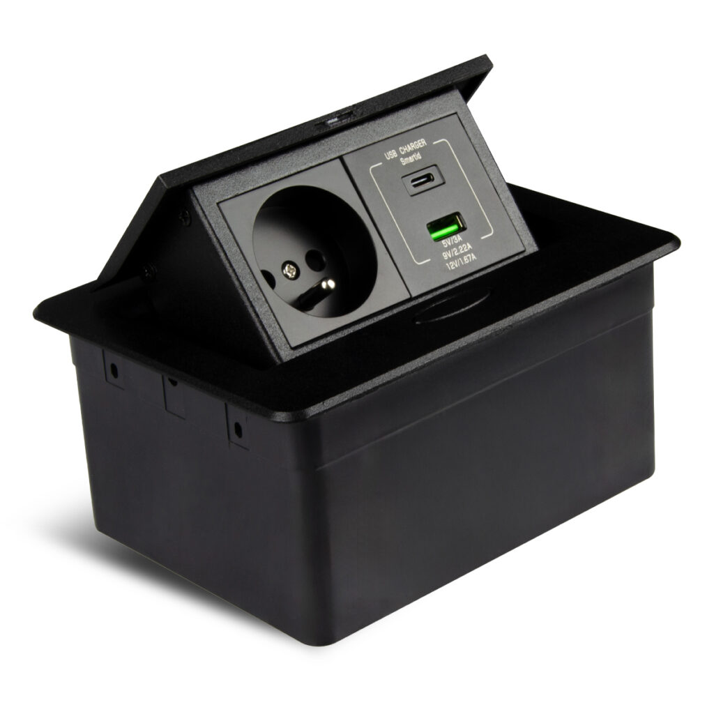 Einbausteckdose Mini 230V mit USB Typ A & C Schwarz Matt versenkbare Steckdose