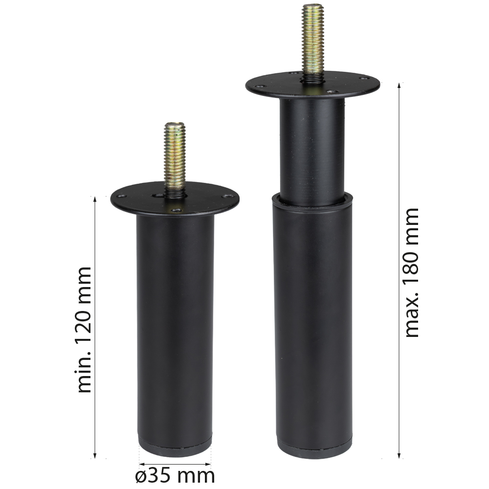 Möbelfuß höhenverstellbar Schwarz 120–180 mm mit M10 Gewinde abmessungen