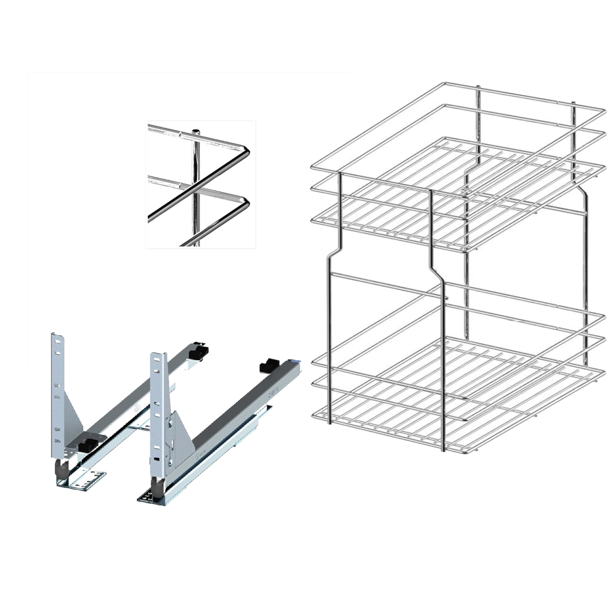Unterschrankauszug 15 cm Soft-Close, Chrom, Bodenmontage – 2 Etagen