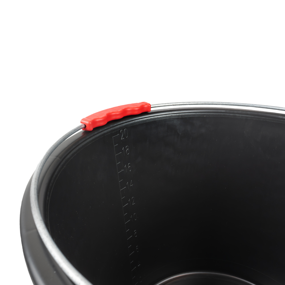 Schwarzer Baueimer 20 Liter mit Griffmulden und rotem Bügel