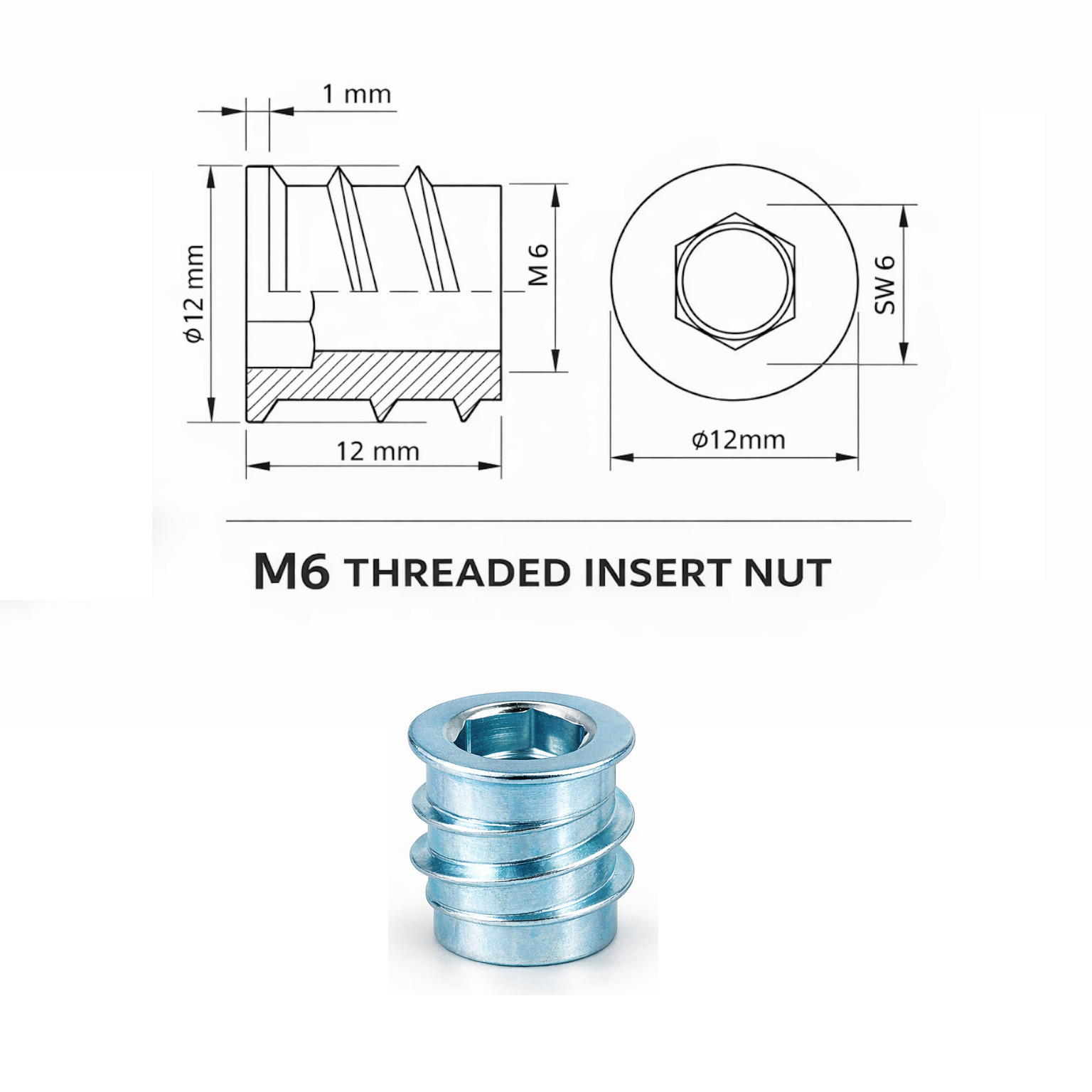 Einschraubmutter M6 12x12 verzinkt
