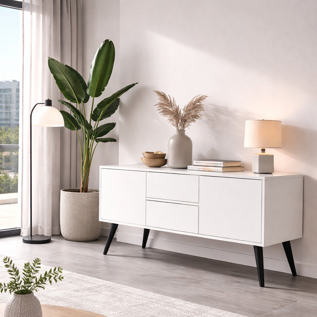 Metallfüße 23 cm schwarz matt schräge Möbelfüße aus Stahl an modernem Sideboard im Wohnzimmer