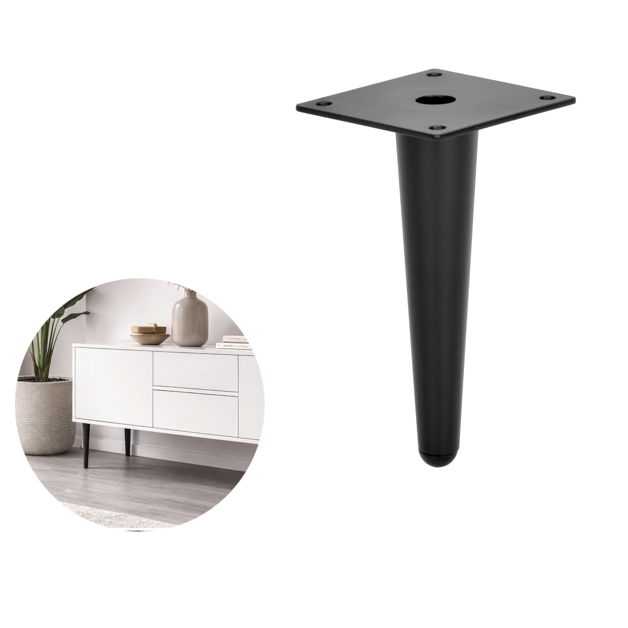 Moebelfuesse Metall schwarz matt 15 cm gerade konisch 75x75 mm Montageplatte