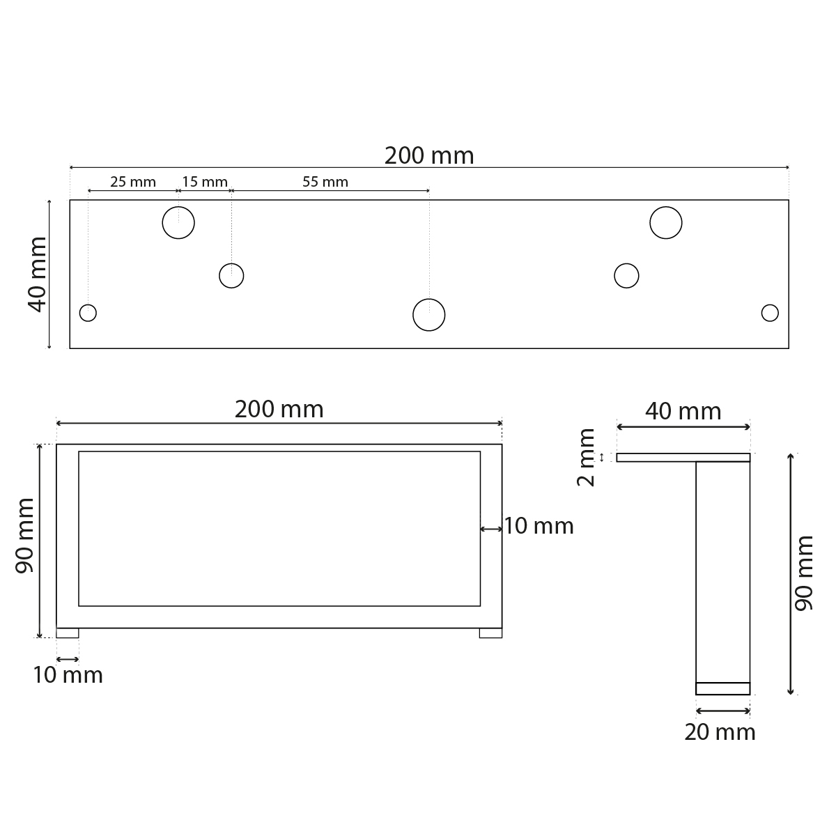 Möbelbein Metall 200x90 mm technische Zeichnung Masse