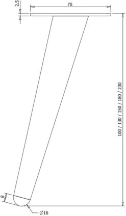 Technische Zeichnung Möbelfuß Chrome – Gesamthöhe und Neigungswinkel