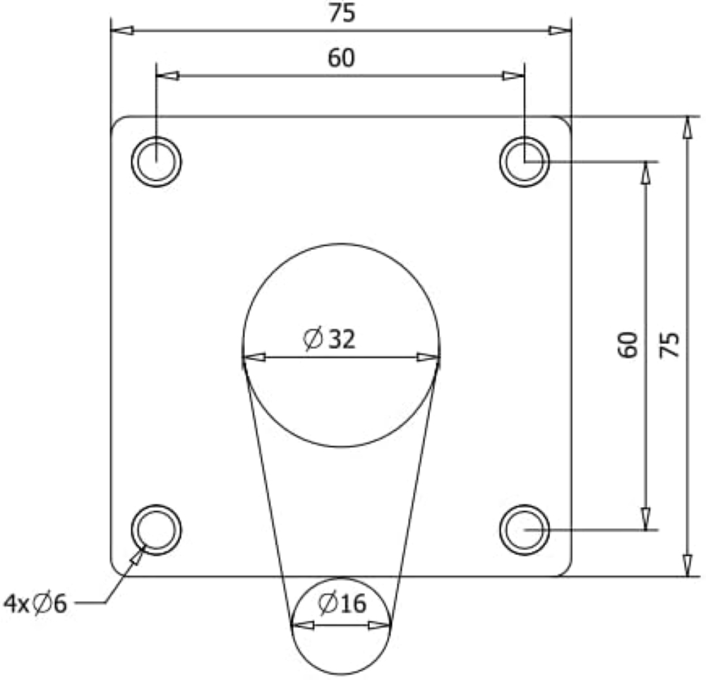 Abmessungen der Montageplatte und Lochabstände für Möbelfuß 10 cm