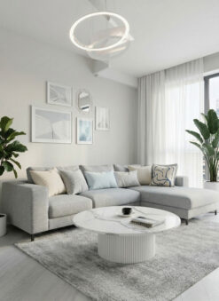 Wohnzimmer Ambiente mit weißem Couchtischgestell rund