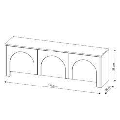Technische Zeichnung TV Lowboard Arco 3D mit Maßen 153,5 x 51 x 35 cm.