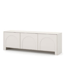 Stilvolles Wohnzimmer Ambiente mit TV Lowboard Arco 3D in Kaschmir im Japandi-Stil.