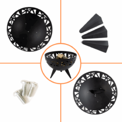 Stilvolle Design-Feuerstelle auf einer modernen Terrasse mit Gartenmöbeln.