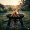 Brennende Designer-Feuerschale am Abend auf einer Steinterrasse im modernen Garten.