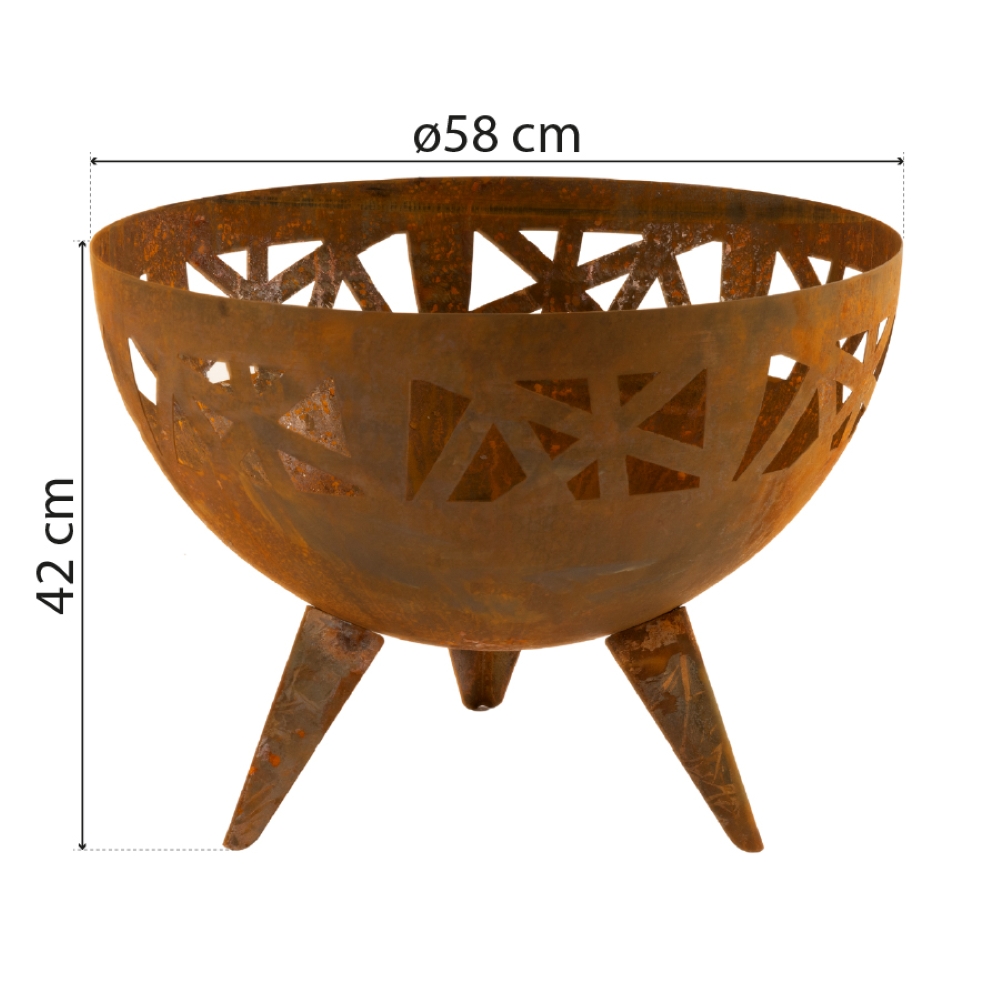 Produktgrafik der runden Design Feuerstelle mit einer Angabe des Durchmessers von 58 cm.